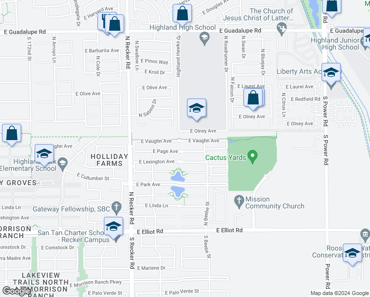 map of restaurants, bars, coffee shops, grocery stores, and more near 4216 East Page Avenue in Gilbert