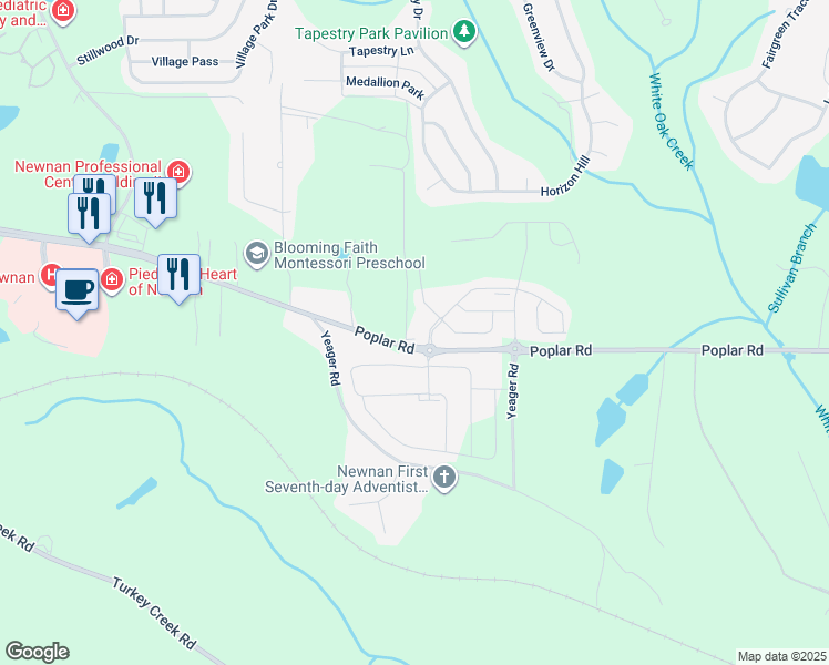 map of restaurants, bars, coffee shops, grocery stores, and more near 1180 Poplar Road in Newnan