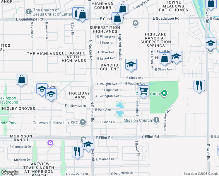 map of restaurants, bars, coffee shops, grocery stores, and more near 4109 East Vaughn Avenue in Gilbert