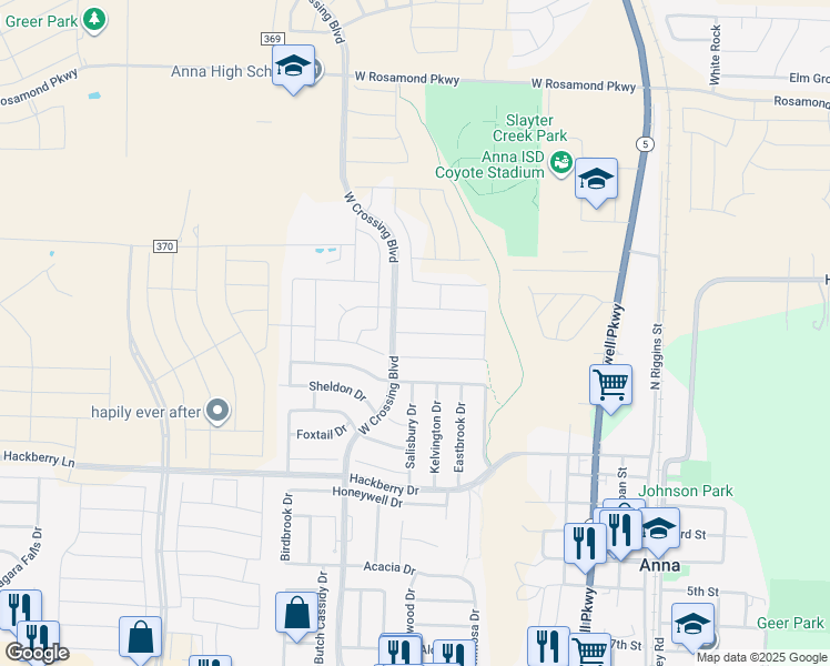 map of restaurants, bars, coffee shops, grocery stores, and more near 902 Lyndhurst Drive in Anna