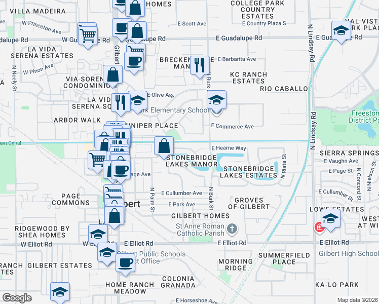 map of restaurants, bars, coffee shops, grocery stores, and more near 318 East Hearne Way in Gilbert