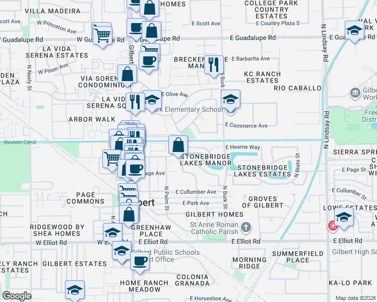 map of restaurants, bars, coffee shops, grocery stores, and more near 230 East Vaughn Avenue in Gilbert