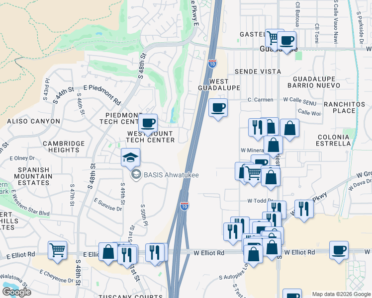 map of restaurants, bars, coffee shops, grocery stores, and more near Maricopa Freeway in Phoenix