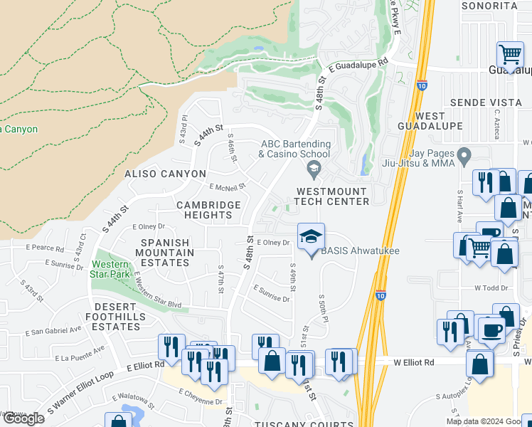 map of restaurants, bars, coffee shops, grocery stores, and more near 9830 South 48th Way in Phoenix
