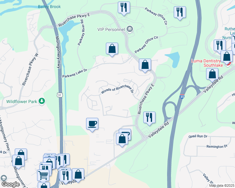 map of restaurants, bars, coffee shops, grocery stores, and more near 1560 Woods of Riverchase Drive in Hoover