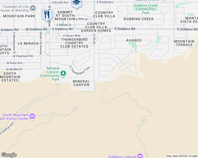 map of restaurants, bars, coffee shops, grocery stores, and more near 711 East Summerside Road in Phoenix