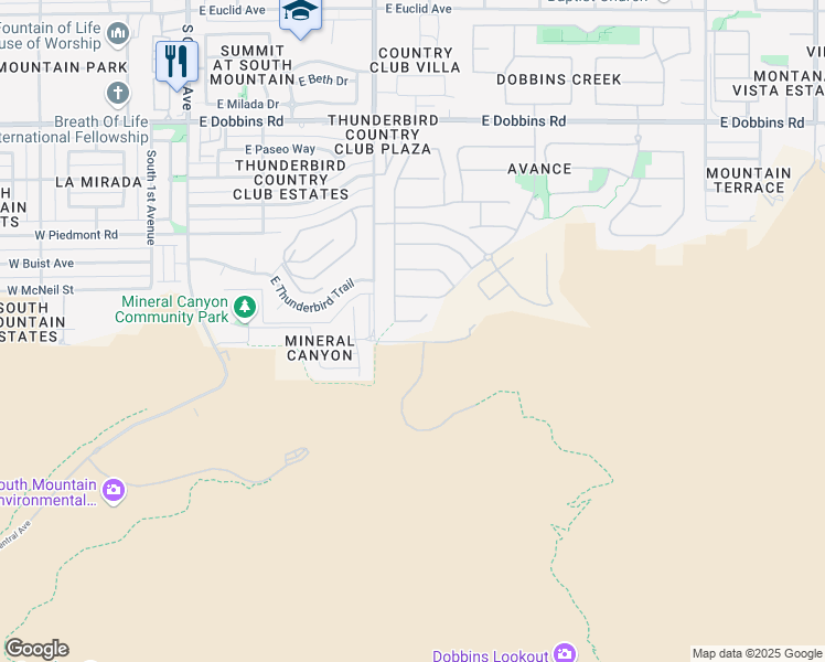 map of restaurants, bars, coffee shops, grocery stores, and more near 813 East Summerside Road in Phoenix