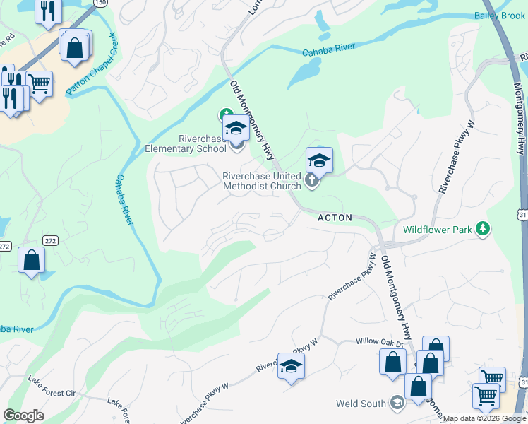 map of restaurants, bars, coffee shops, grocery stores, and more near 332 Chase Plantation Circle in Birmingham