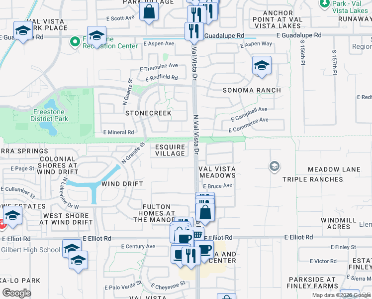 map of restaurants, bars, coffee shops, grocery stores, and more near 1543 East Hearne Way in Gilbert