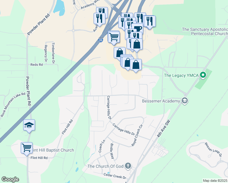 map of restaurants, bars, coffee shops, grocery stores, and more near 517 Westchester Drive in Bessemer