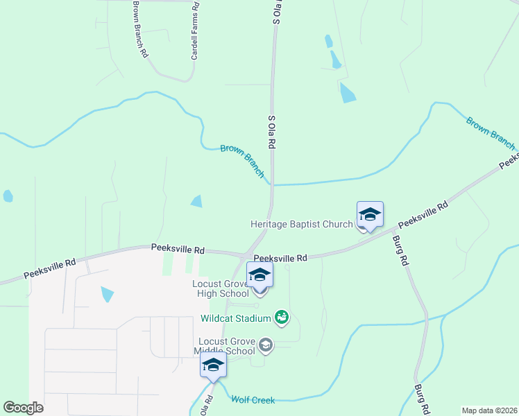 map of restaurants, bars, coffee shops, grocery stores, and more near 3034 South Ola Road in Locust Grove