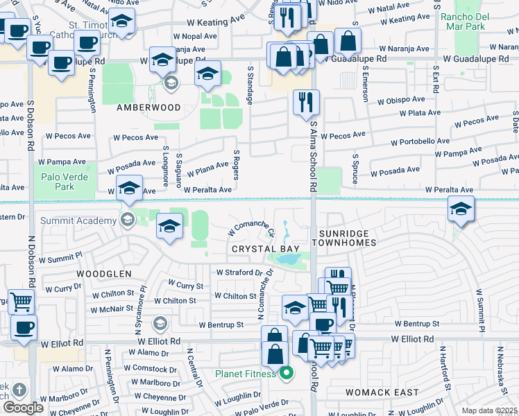 map of restaurants, bars, coffee shops, grocery stores, and more near 3470 North Apache Court in Chandler