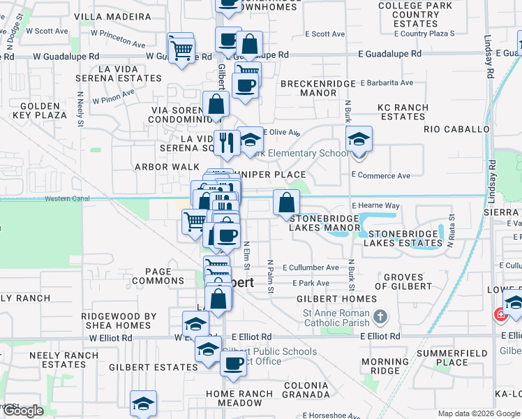map of restaurants, bars, coffee shops, grocery stores, and more near 36 East Vaughn Avenue in Gilbert