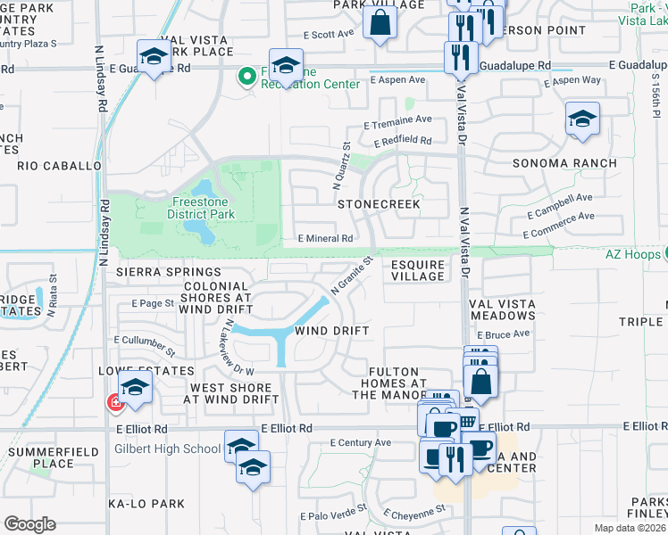 map of restaurants, bars, coffee shops, grocery stores, and more near 1308 East Hearne Way in Gilbert