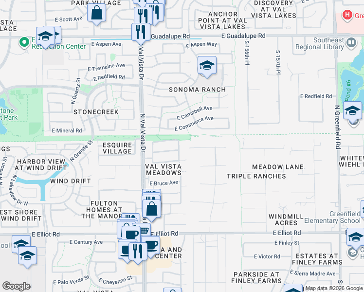 map of restaurants, bars, coffee shops, grocery stores, and more near 1709 East Hearne Way in Gilbert