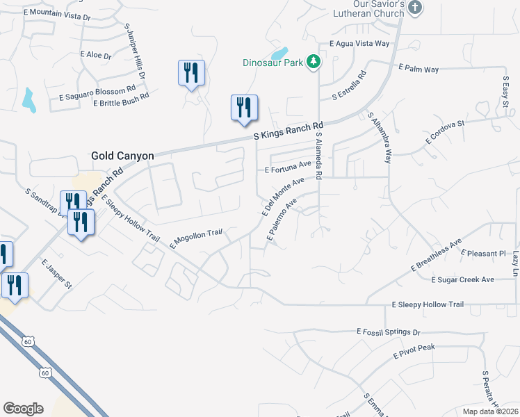 map of restaurants, bars, coffee shops, grocery stores, and more near 9742 East Del Monte Avenue in Gold Canyon