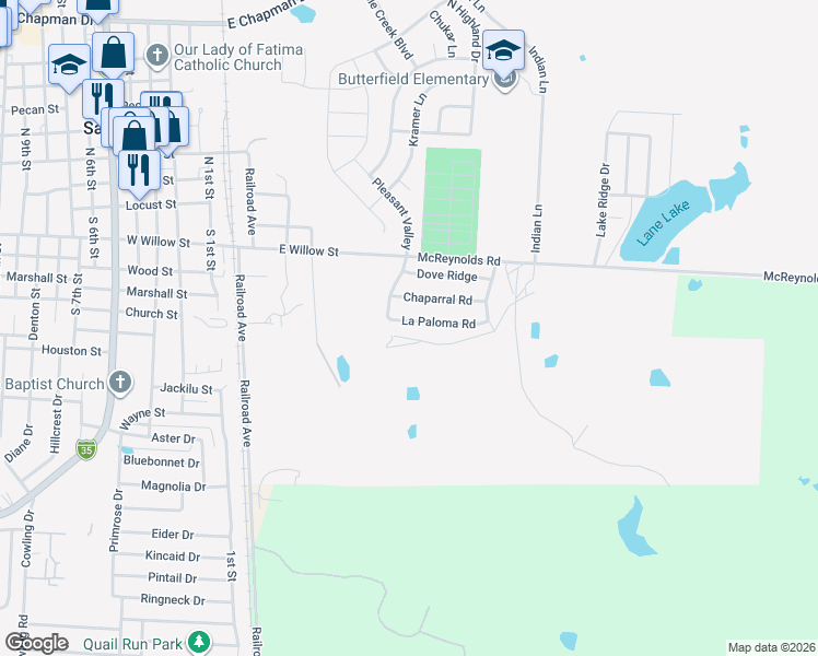 map of restaurants, bars, coffee shops, grocery stores, and more near 702 La Paloma Road in Sanger