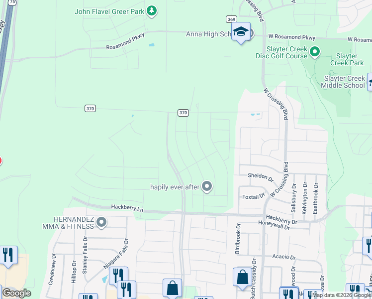 map of restaurants, bars, coffee shops, grocery stores, and more near 1510 West Hackberry Lane in Anna