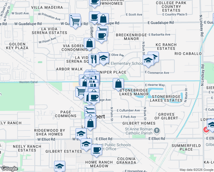 map of restaurants, bars, coffee shops, grocery stores, and more near 36 East Vaughn Avenue in Gilbert