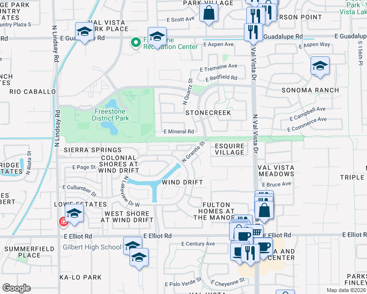 map of restaurants, bars, coffee shops, grocery stores, and more near 1308 East Hearne Way in Gilbert