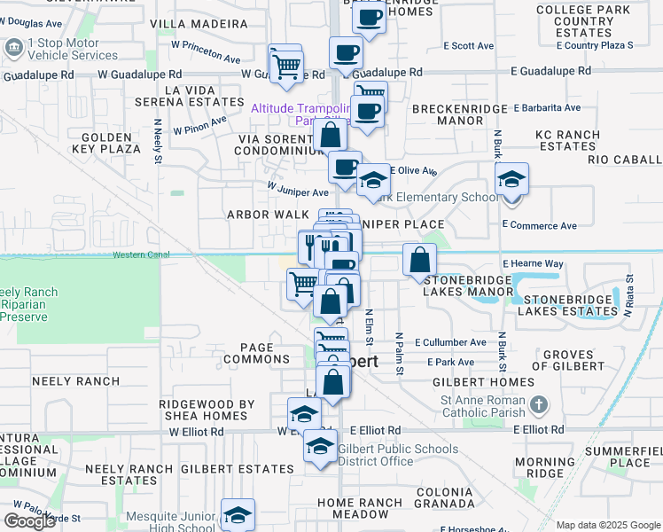 map of restaurants, bars, coffee shops, grocery stores, and more near 384 North Gilbert Road in Gilbert