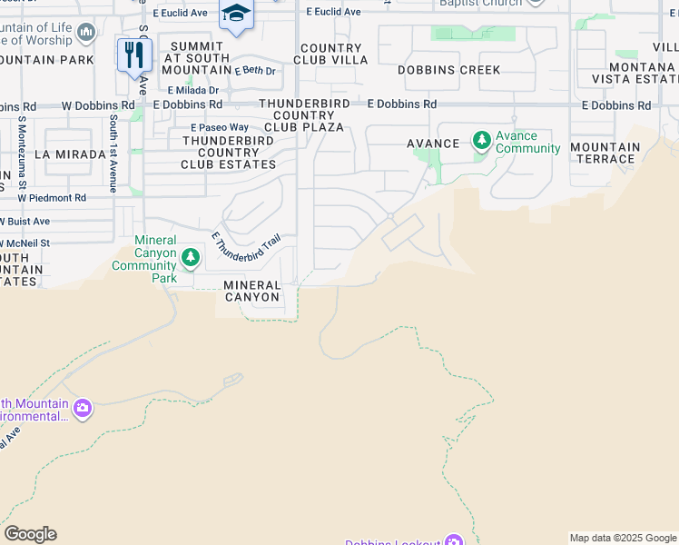 map of restaurants, bars, coffee shops, grocery stores, and more near 821 East Summerside Road in Phoenix