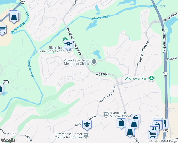 map of restaurants, bars, coffee shops, grocery stores, and more near 72 Chase Plantation Parkway in Hoover