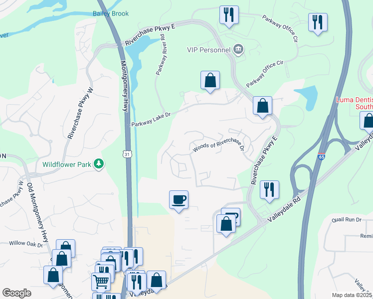 map of restaurants, bars, coffee shops, grocery stores, and more near 1404 Gables Drive in Hoover