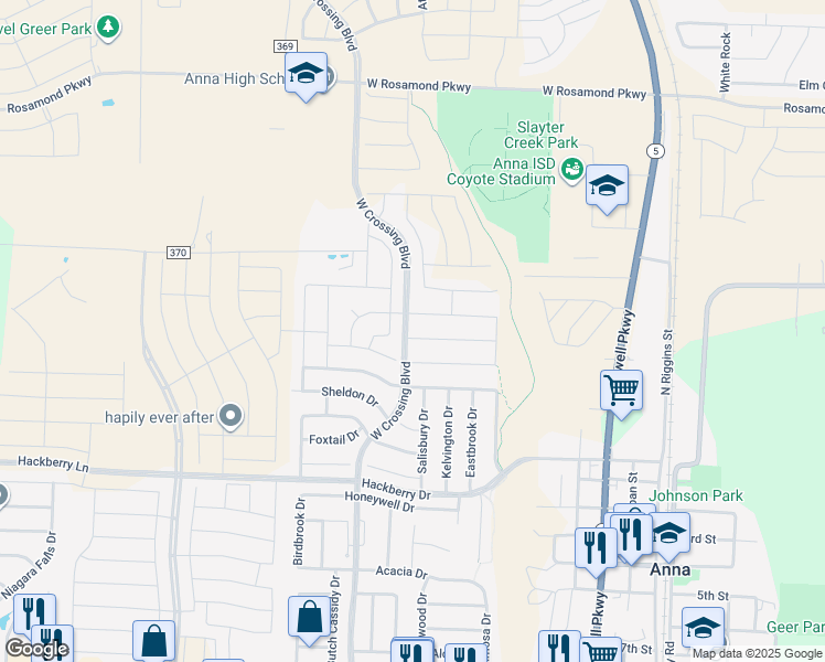 map of restaurants, bars, coffee shops, grocery stores, and more near 902 Lyndhurst Drive in Anna