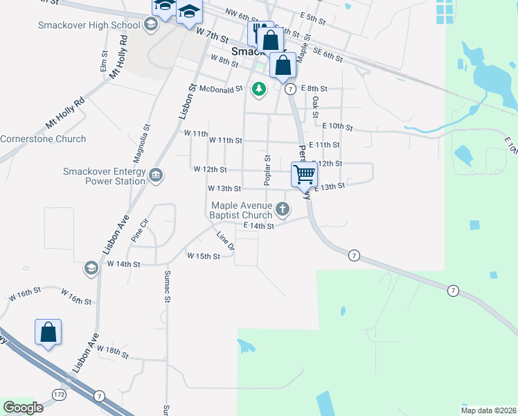 map of restaurants, bars, coffee shops, grocery stores, and more near 1308 Poplar Street in Smackover