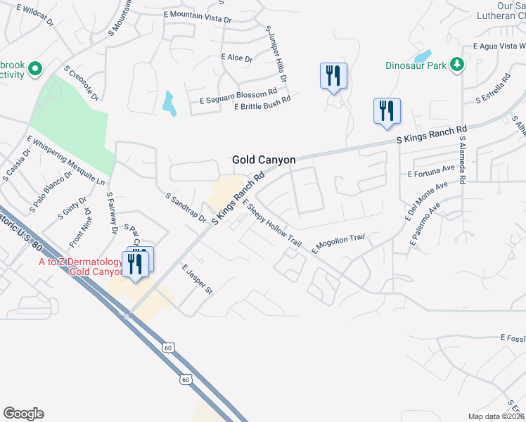 map of restaurants, bars, coffee shops, grocery stores, and more near 6368 South Foothills Drive in Gold Canyon