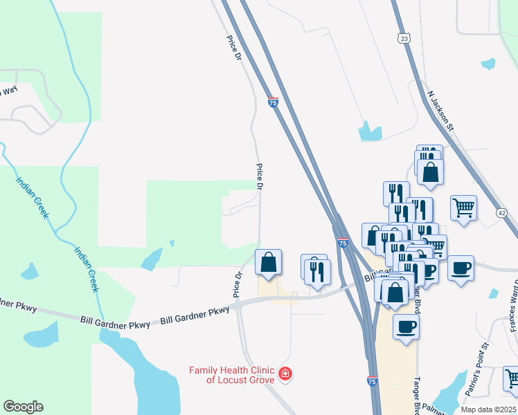map of restaurants, bars, coffee shops, grocery stores, and more near 792 Price Drive in Locust Grove