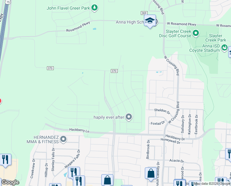 map of restaurants, bars, coffee shops, grocery stores, and more near 1510 West Hackberry Lane in Anna