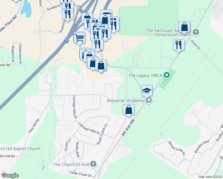 map of restaurants, bars, coffee shops, grocery stores, and more near 457 Flint Hill Road in Bessemer