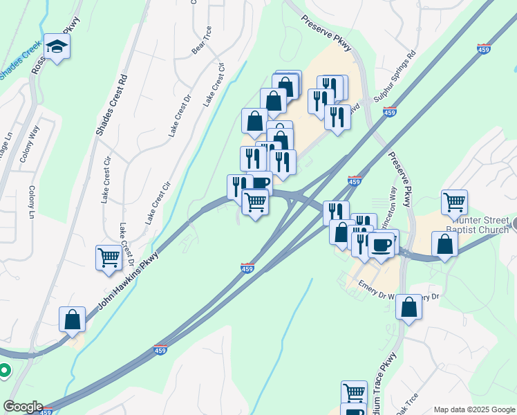 map of restaurants, bars, coffee shops, grocery stores, and more near 5180 Medford Drive in Hoover