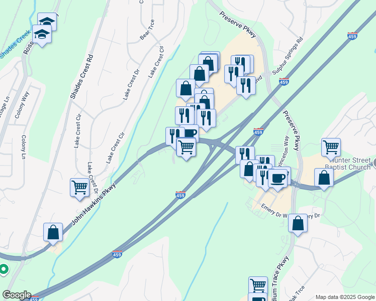 map of restaurants, bars, coffee shops, grocery stores, and more near 5180 Medford Drive in Hoover
