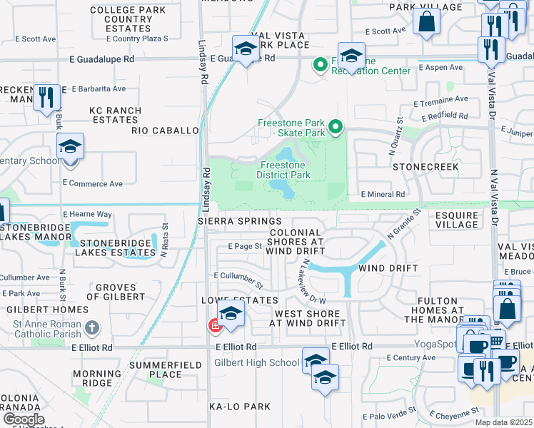 map of restaurants, bars, coffee shops, grocery stores, and more near 968 East Hearne Way in Gilbert