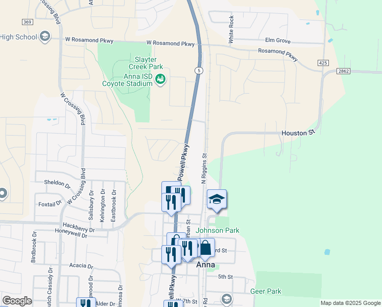map of restaurants, bars, coffee shops, grocery stores, and more near 1005 North Powell Parkway in Anna