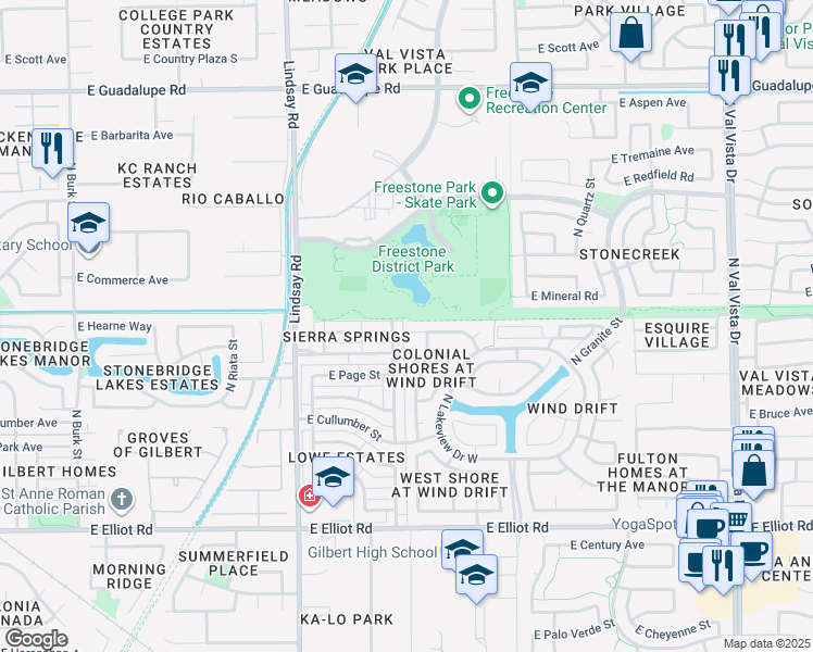 map of restaurants, bars, coffee shops, grocery stores, and more near 968 East Hearne Way in Gilbert