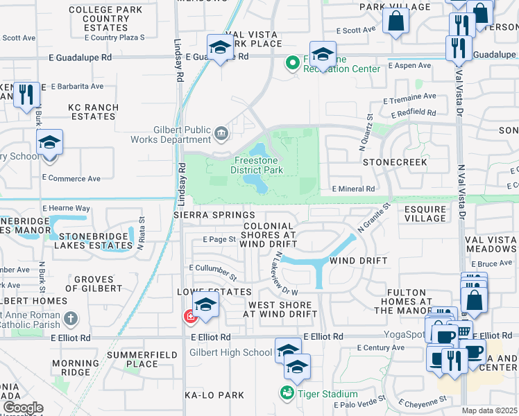 map of restaurants, bars, coffee shops, grocery stores, and more near 1026 East Hearne Way in Gilbert