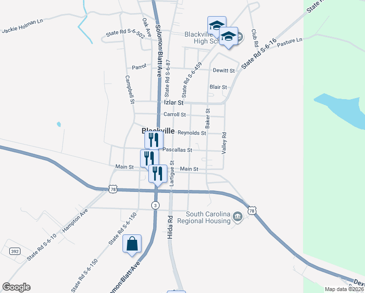map of restaurants, bars, coffee shops, grocery stores, and more near 371 Pascallas Street in Blackville