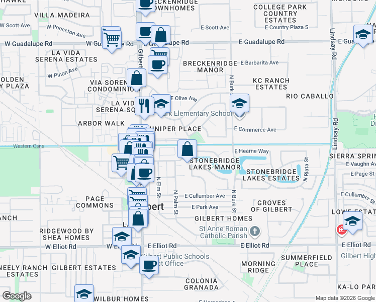 map of restaurants, bars, coffee shops, grocery stores, and more near 342 North Cottonwood Drive in Gilbert