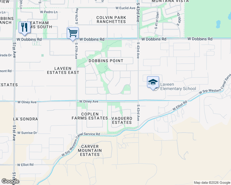 map of restaurants, bars, coffee shops, grocery stores, and more near 9811 South 44th Drive in Phoenix