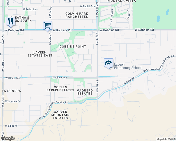 map of restaurants, bars, coffee shops, grocery stores, and more near 9902 South 43rd Lane in Phoenix