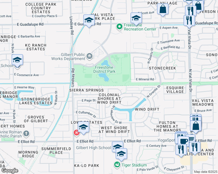 map of restaurants, bars, coffee shops, grocery stores, and more near 1026 East Hearne Way in Gilbert