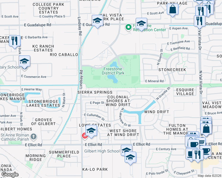 map of restaurants, bars, coffee shops, grocery stores, and more near 968 East Hearne Way in Gilbert