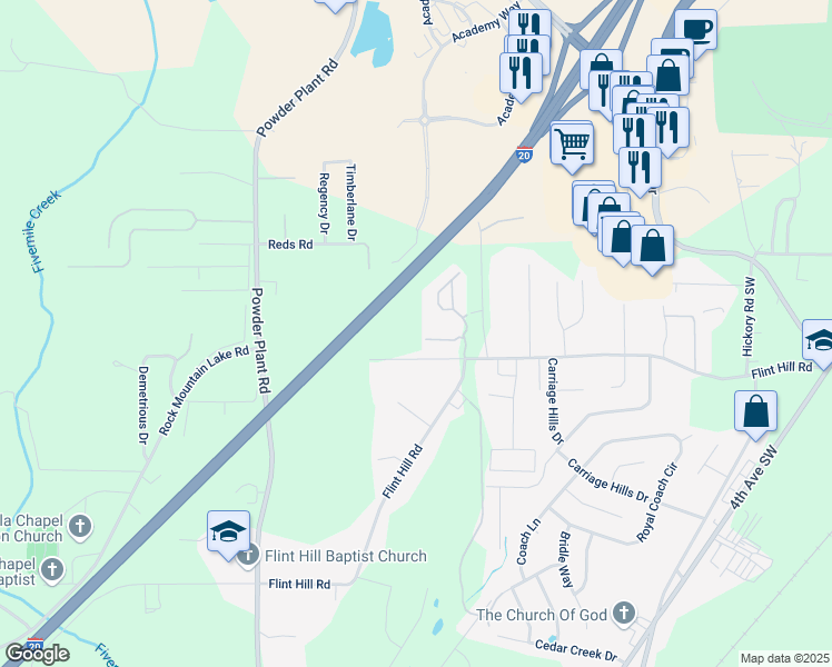 map of restaurants, bars, coffee shops, grocery stores, and more near 600 Flint Hill Lane in Bessemer