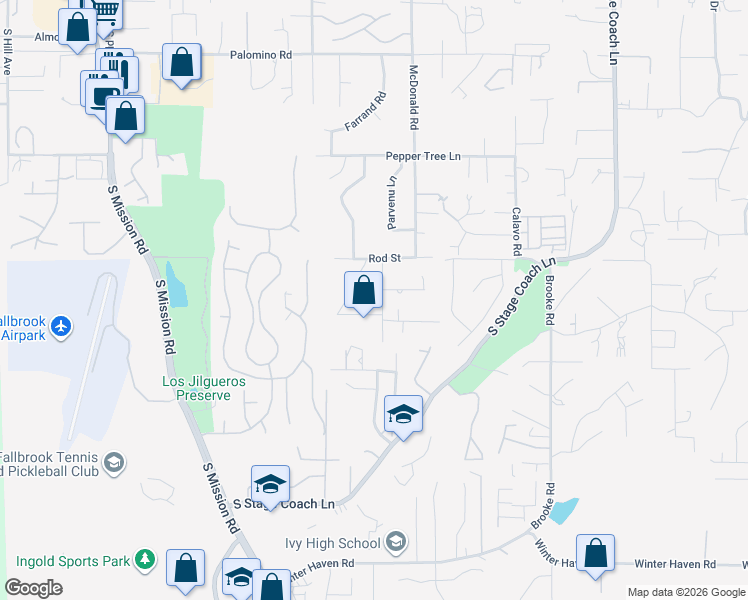 map of restaurants, bars, coffee shops, grocery stores, and more near 1765 Armadale Road in Fallbrook