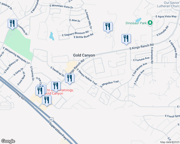 map of restaurants, bars, coffee shops, grocery stores, and more near 8944 East Red Mountain Lane in Gold Canyon