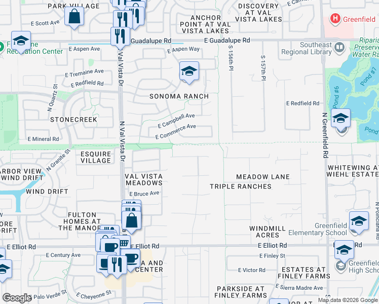 map of restaurants, bars, coffee shops, grocery stores, and more near 1832 East Lexington Avenue in Gilbert